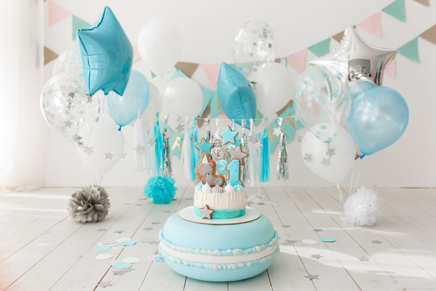 Festive birthday décor with balloons and backdrop styling