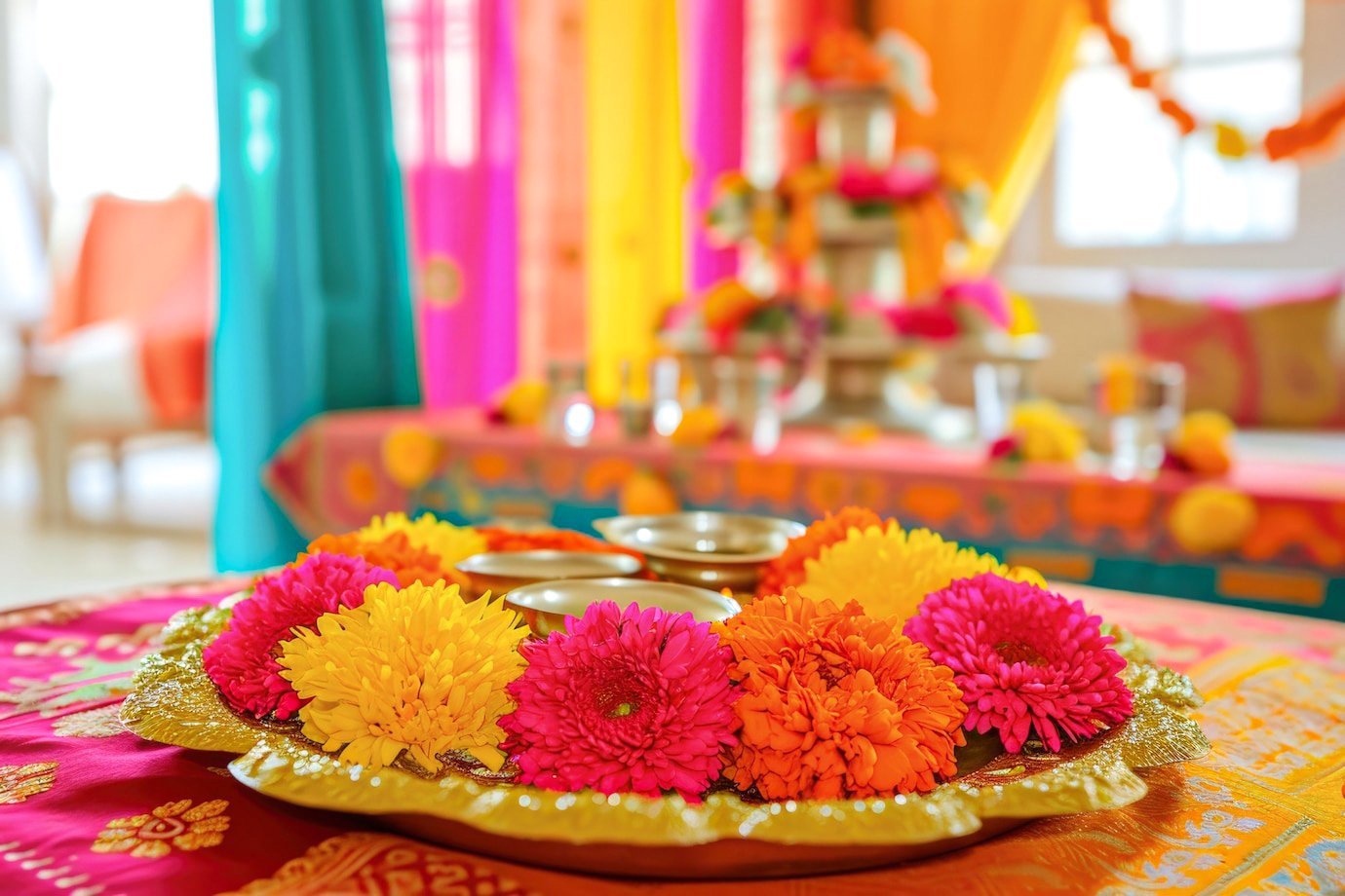 Vibrant Haldi ceremony décor with marigolds and traditional styling